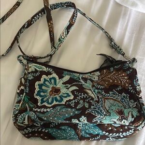 Vera Bradley Brown and Blue Crossbody Bag with Floral Design EUC